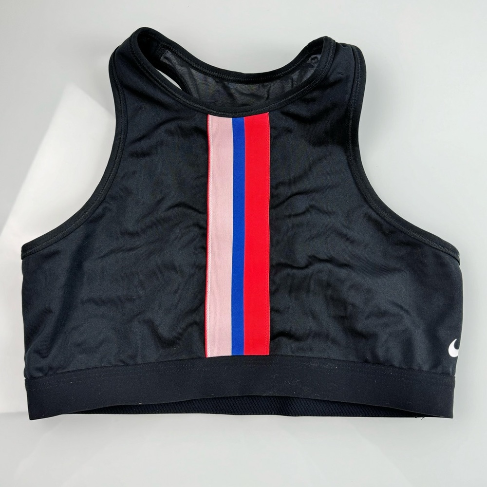 Nike Bra Sports Workout Mesh Black Stripe Front Gym Elastic Pull On Workout Knit